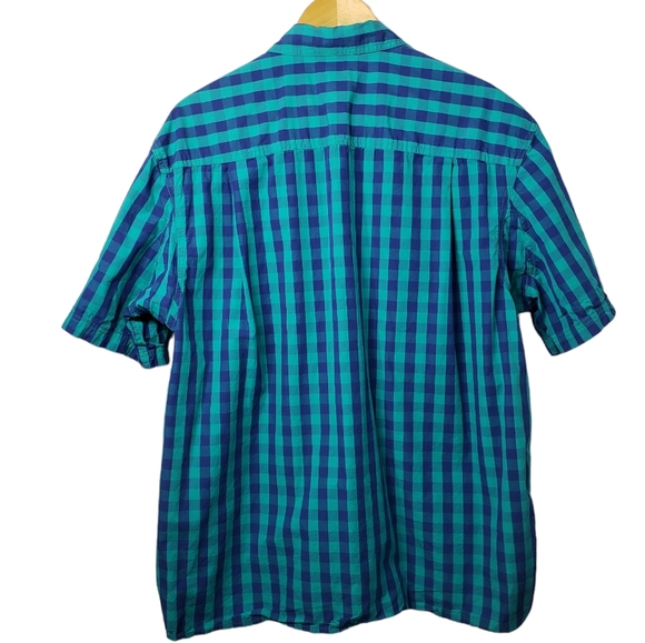 Duluth Trading Co Blue Teal Check Plaid Short Sleeve Button Down Collar, Large - Picture 2 of 12